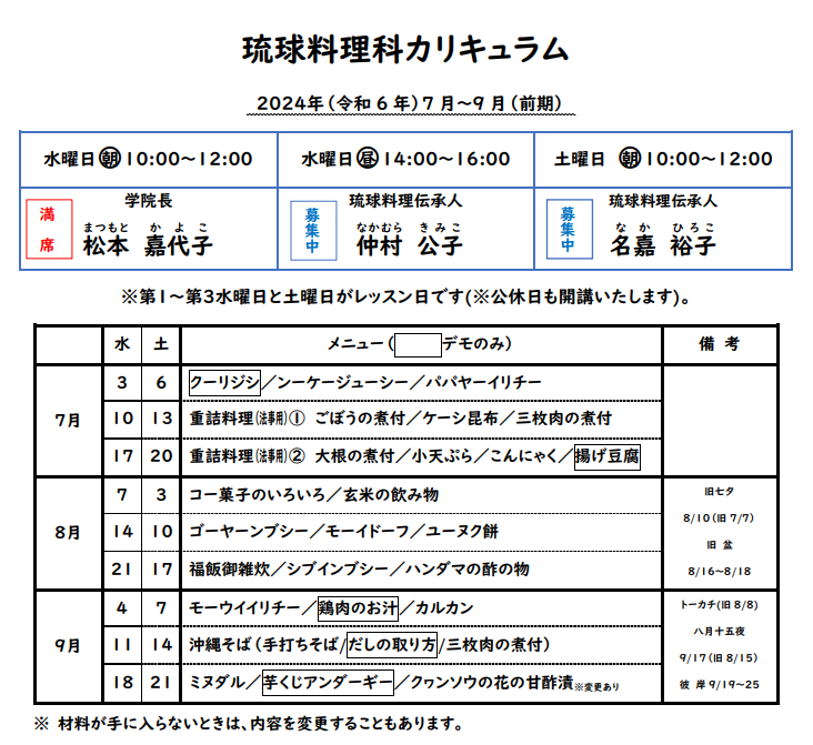 琉球料理科 - 松本料理学院